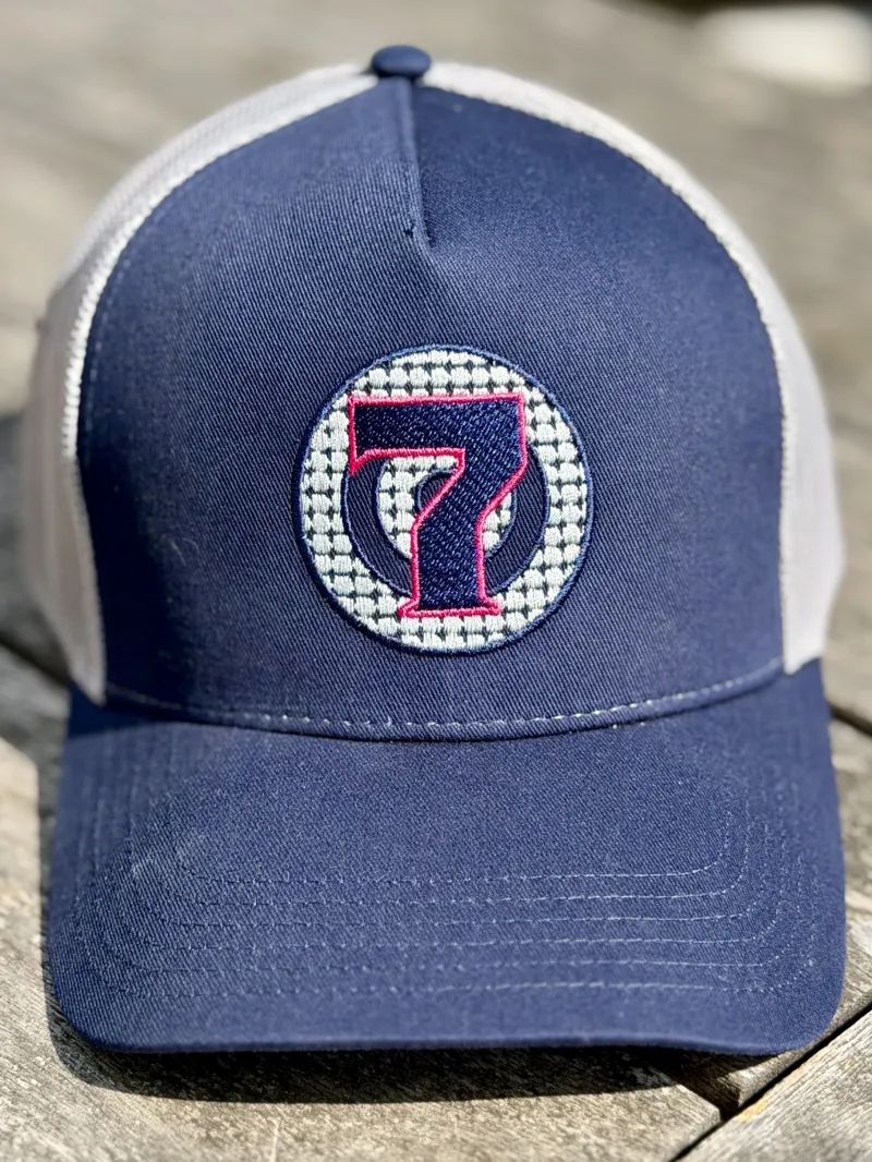 Super 7 Trucker Cap with adjustable back in navy and pale grey with a blue pink logo-1